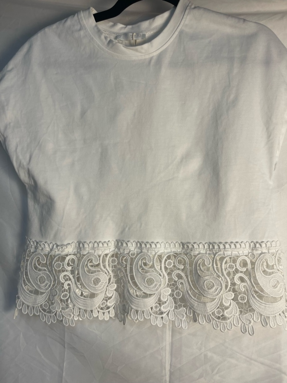 Zara White Cotton Tee with Lace Hem S NWT Crochet Boho